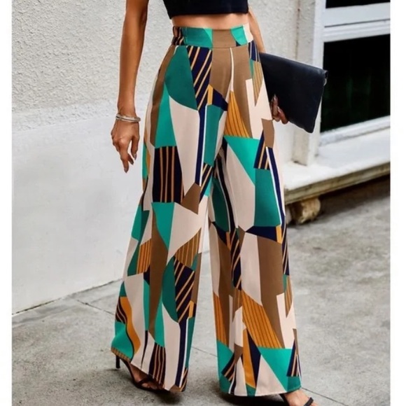 Boho High Waist Print Pocket Wide Leg Palazzo Pants - Picture 1 of 5